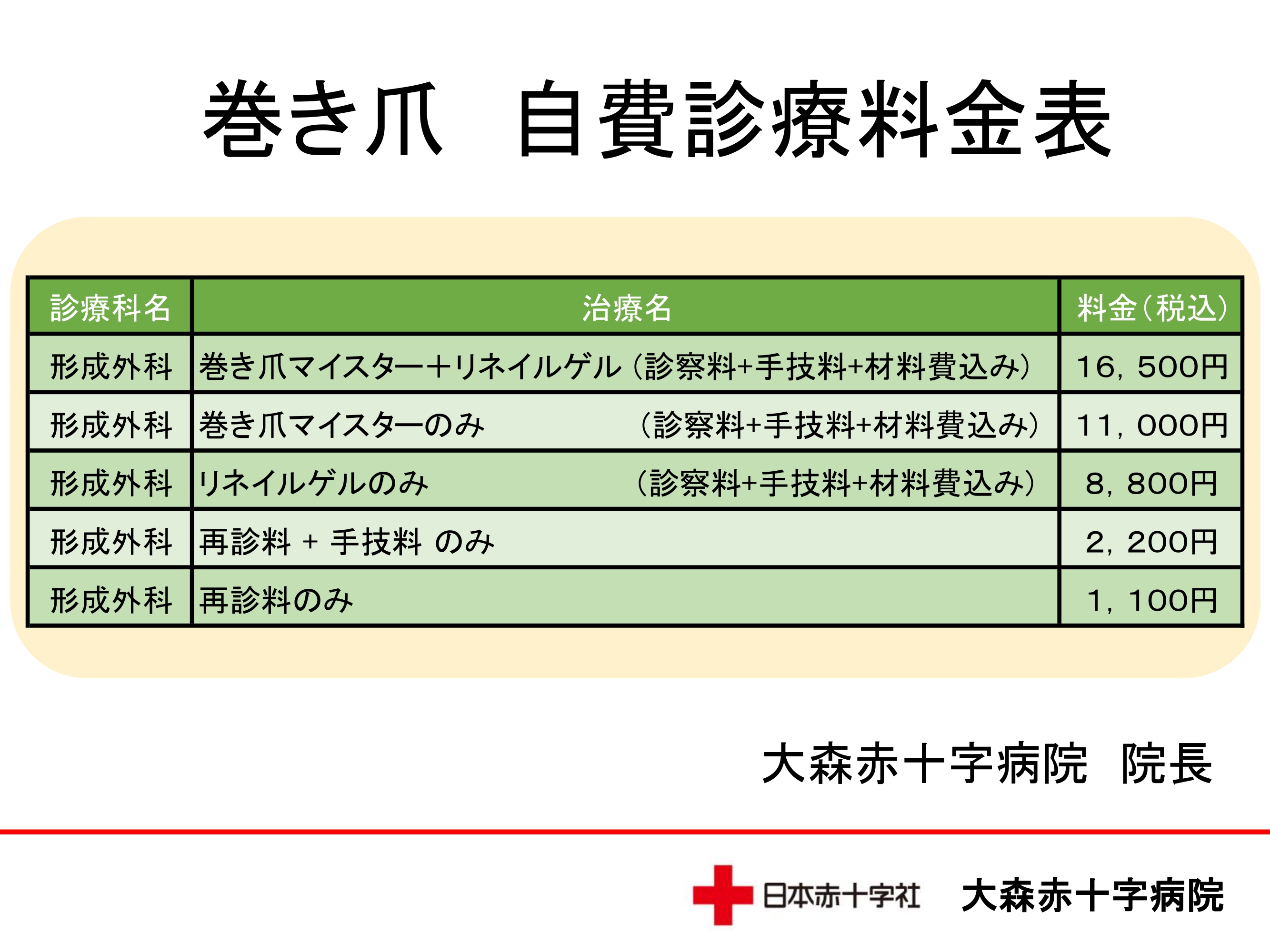 巻き爪治療の自費診療料金です。巻き爪マイスター+リネルゲル（診察料、手技料、材料費込み）で税込16500円。巻き爪マイスターのみ（診察料、手技料、材料費込み）で税込11000円。リネルゲルのみ（診察料、手技料、材料費込み）で税込8800円。再診料+手技料のみで税込2200円。再診料のみで1100円。